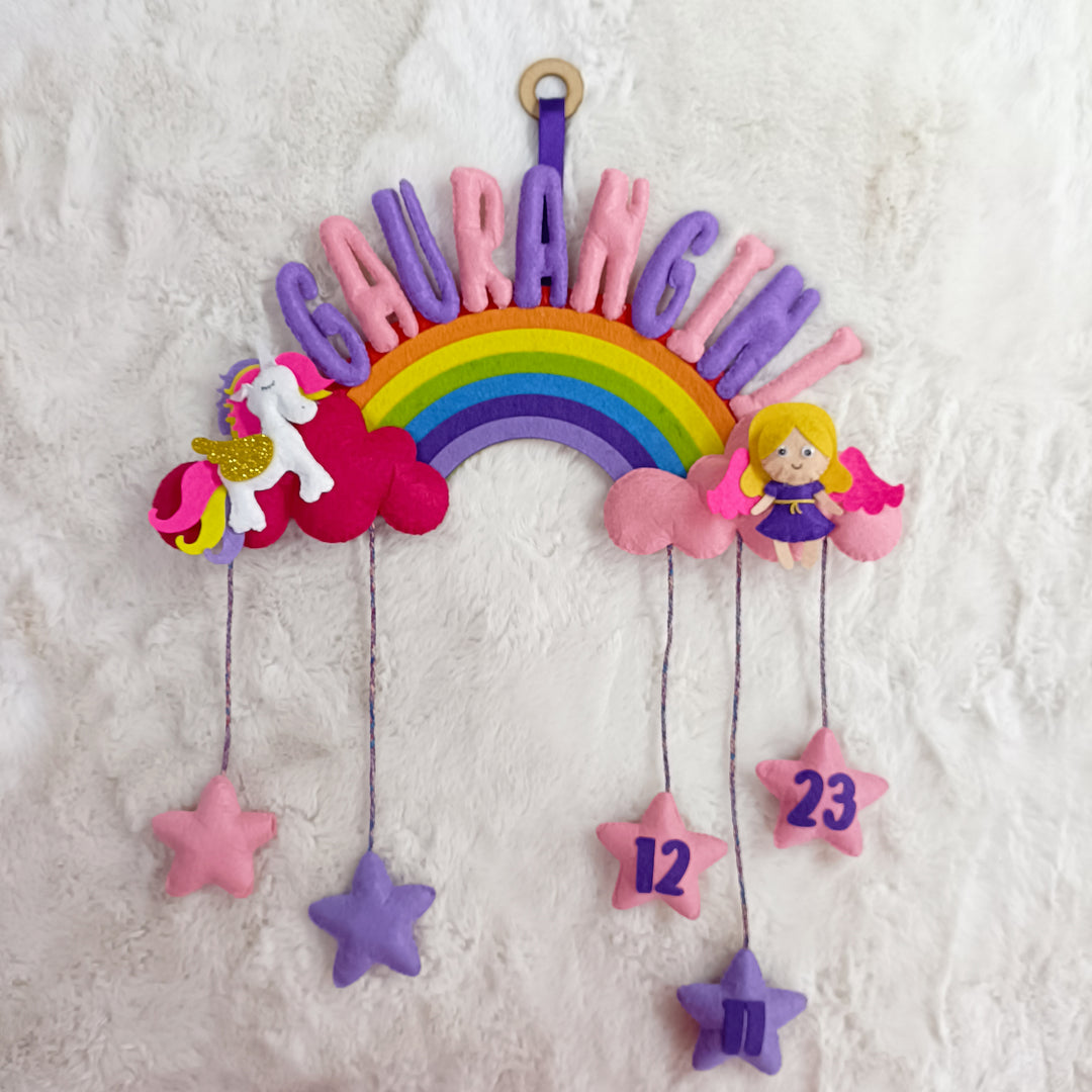 Handcrafted Personalized Rainbow Felt Name Plate With Date Of Birth - Front View Hanging with Personalized Name