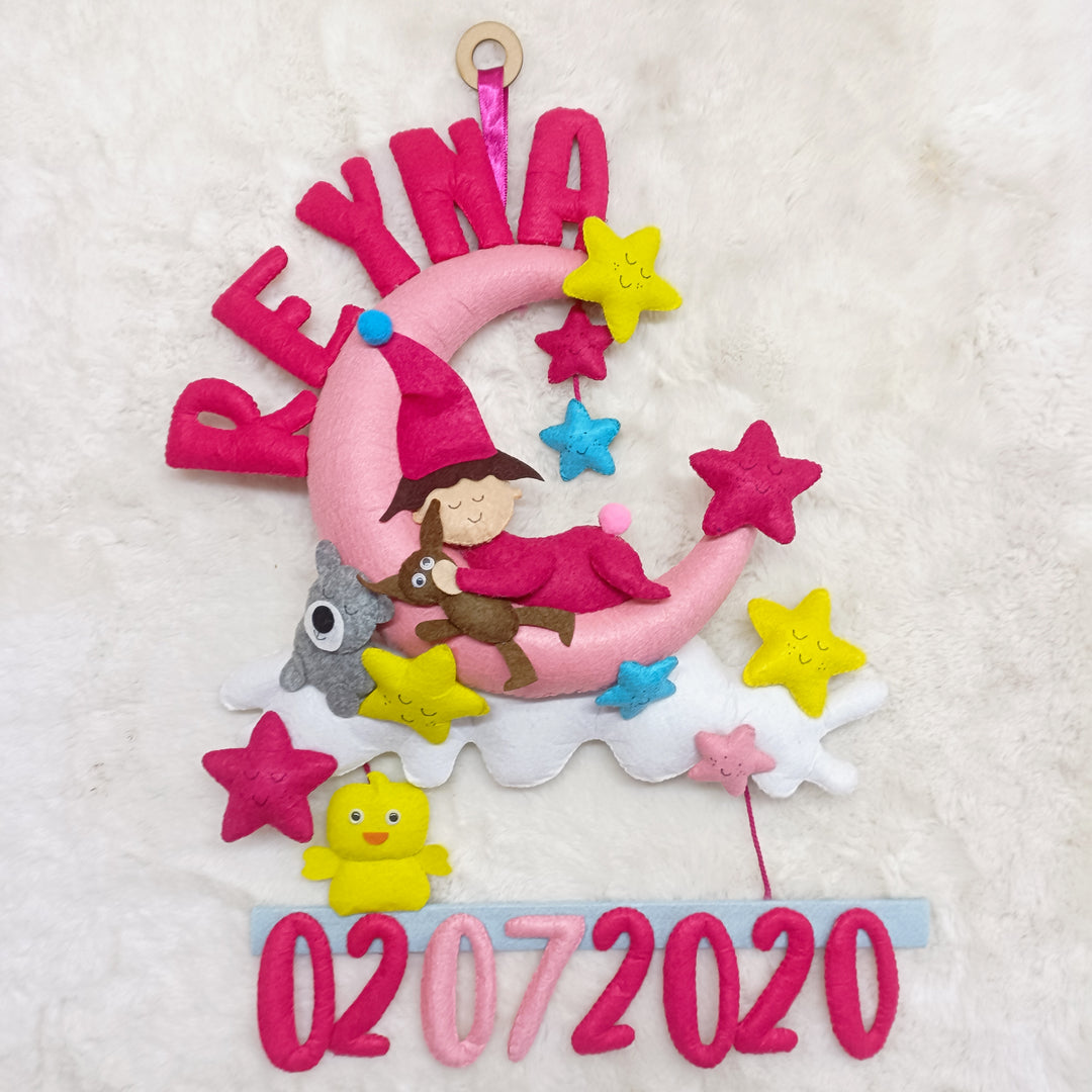 Handcrafted Personalized Baby Moon Felt Name Plates For Kids With Date Of Birth - Front View Hanging Wall Decoration