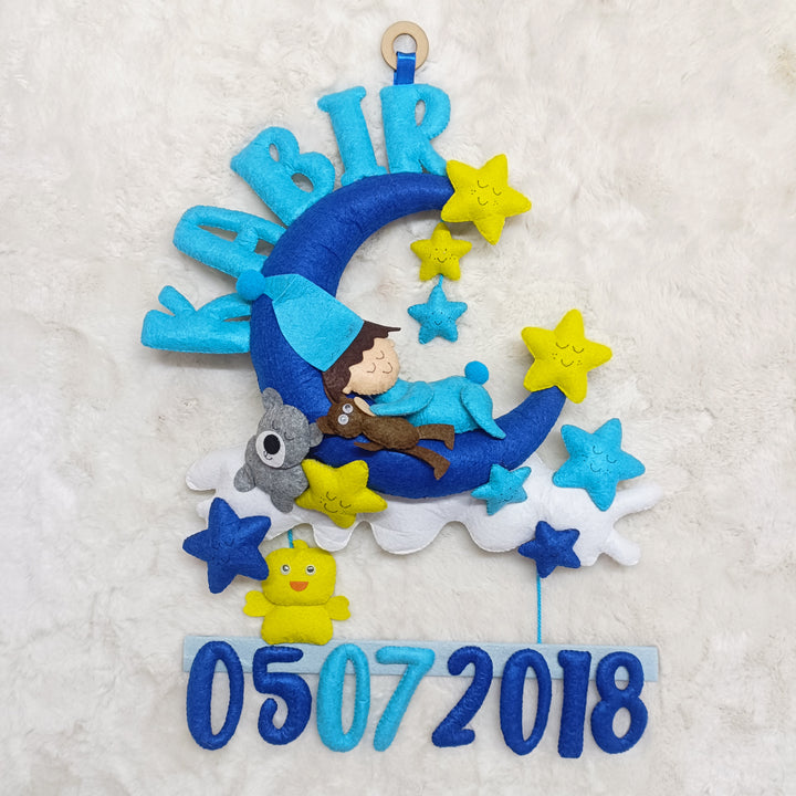 Handcrafted Personalized Baby Moon Felt Name Plates For Kids With Date Of Birth - Flat Lay with Name and Date