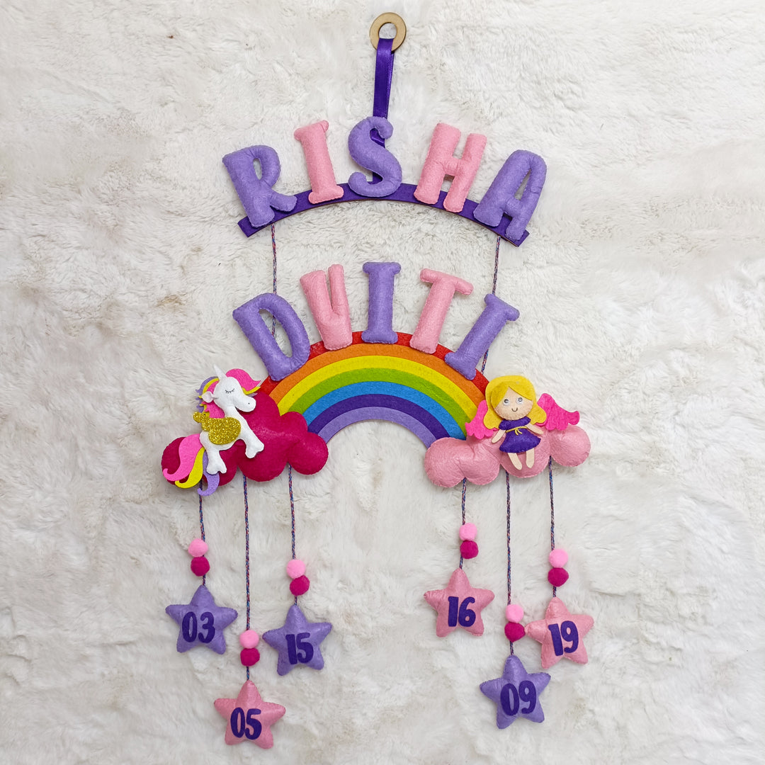 Handcrafted Personalized Rainbow Felt Name Plate With Date Of Birth - Hanging Wall Decoration Front View