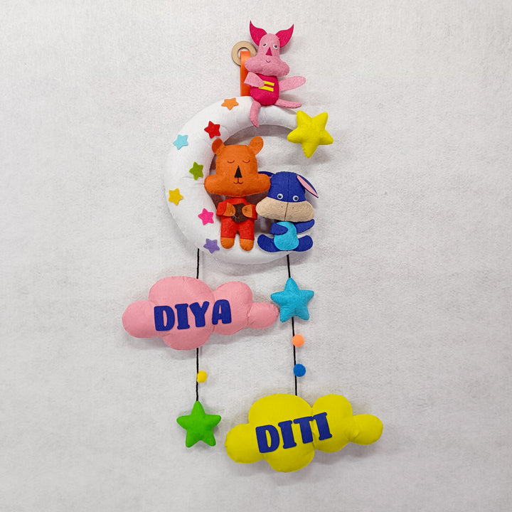 Handcrafted Personalized Pooh on the Moon Felt Name Plate for Siblings