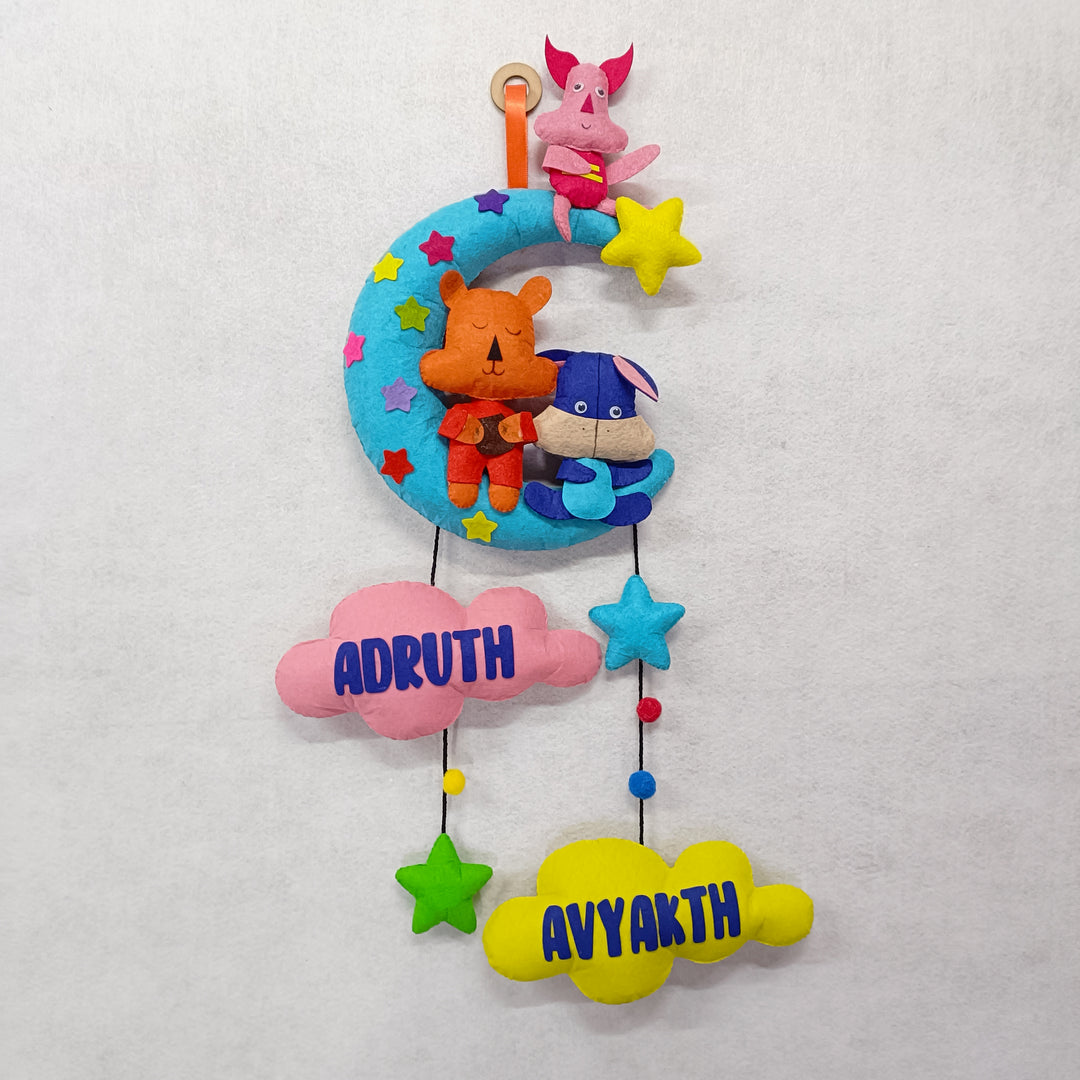 Handcrafted Personalized Pooh on the Moon Felt Name Plate for Siblings