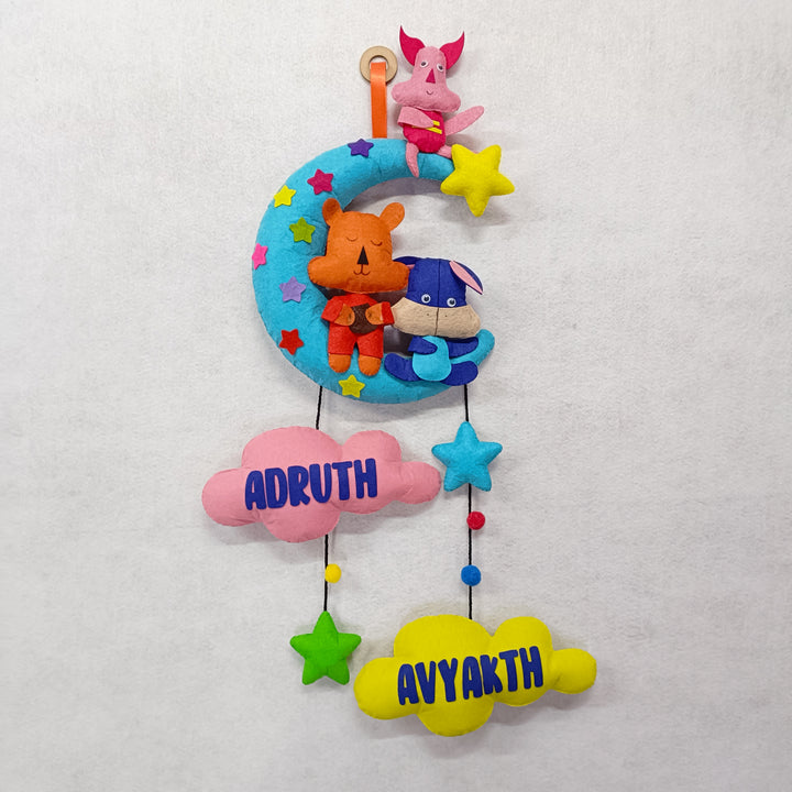 Handcrafted Personalized Pooh on the Moon Felt Name Plate for Siblings