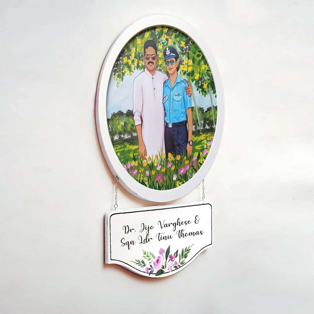 Photo Caricature Hanging Name Plate For Couples 4 - Hanging Wall Portrait with Nameplate