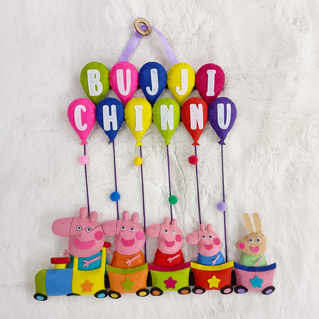 Handcrafted Personalized Felt Name Plate for Siblings | Peppa Train with Balloons