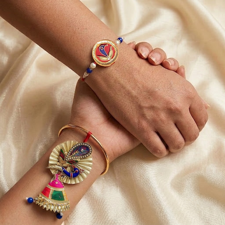 Handcrafted Gota Patti "Mayuri" Couple Rakhi & Lumba Set With Roli Chawal for Bhaiya Bhabhi