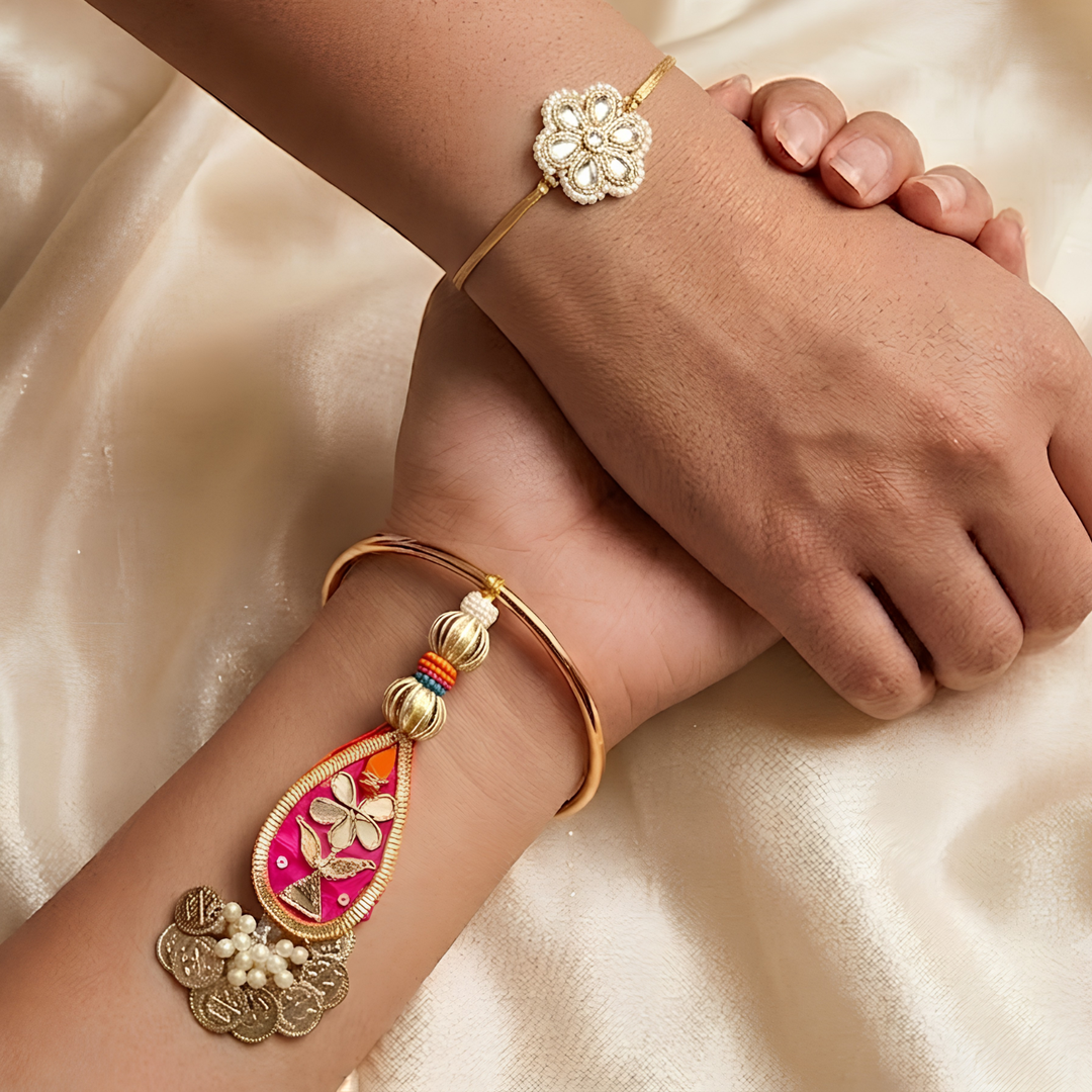 Handcrafted Gota Patti "Rimjhim" Couple Rakhi & Lumba Set With Roli Chawal for Bhaiya Bhabhi