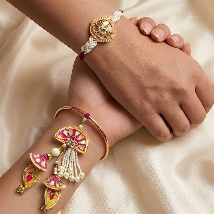 Handcrafted Gota Patti "Barkat" Couple Rakhi & Lumba Set With Roli Chawal for Bhaiya Bhabhi