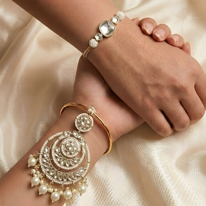 Handcrafted Kundan "Chandni" Couple Rakhi & Lumba Set With Roli Chawal for Bhaiya Bhabhi