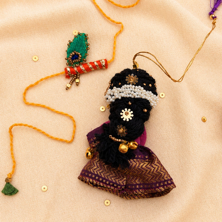 Hand Embroidered Radha Bansuri Rakhi Lumba Set For Bhaiya Bhabhi