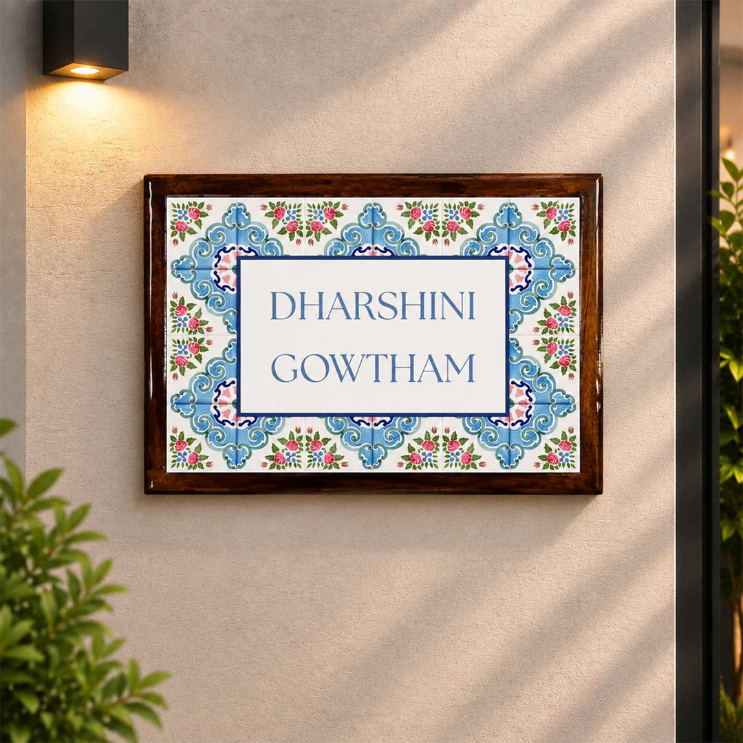Floral Blue Vintage Personalized Resin & Teak Wood Frame Name Plate For Home