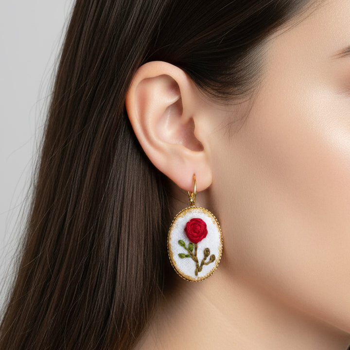 Hand Embroidered Rosette Blooms Golden Tone Earrings