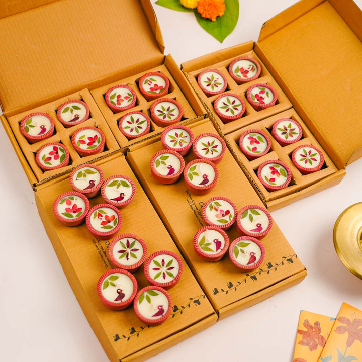 32 Diyas | Handmade Soy Wax & Dry Flower Festive Diyas | 4 Boxes, 8 Diyas per Box