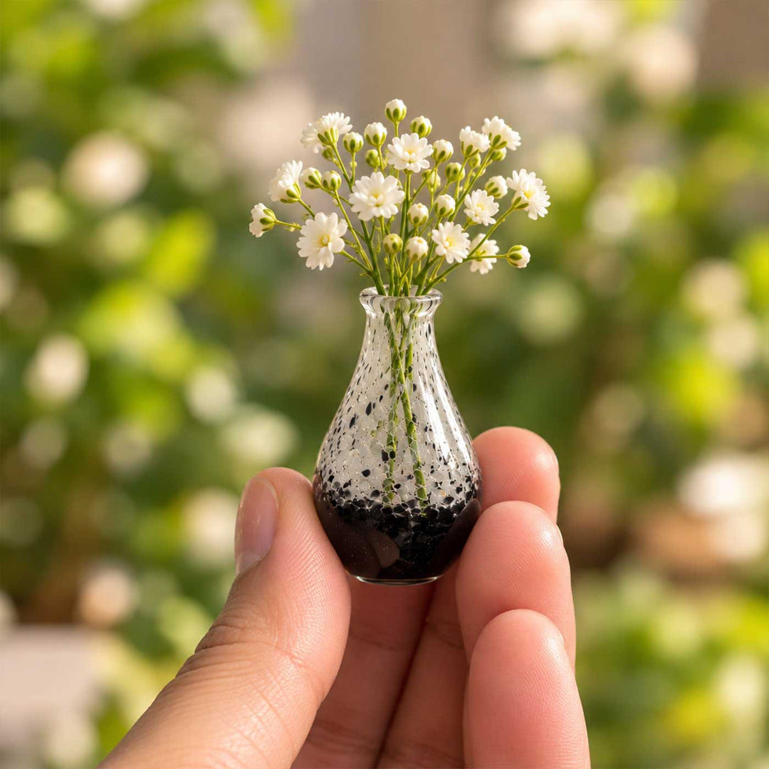 Handmade Black & White Speckled Small Glass Art Vase For Home Decor