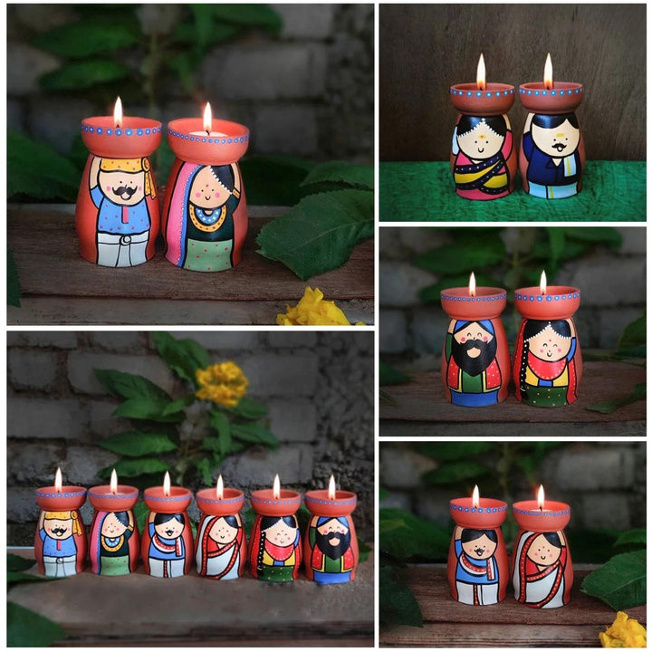 Handpainted Clay Tealight Holders with Punjabi Couple | Set of 2