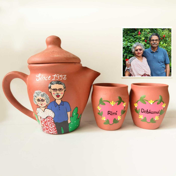 Milestone Anniversary Gift | Handpainted Clay Teaset With Photo Based Caricature
