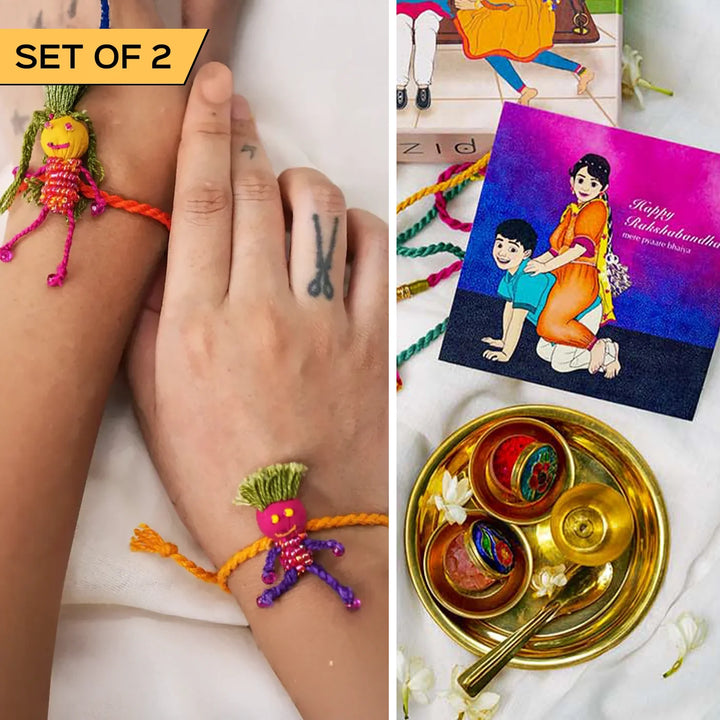 2 pc Rakhi + Brass Thali Set | Premium Tonu Monu Beaded Rakhi Set with Roli Chawal