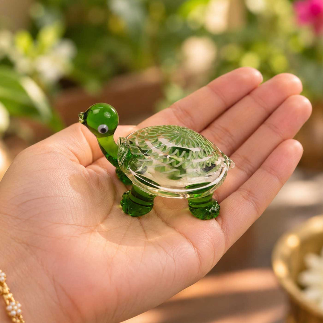 Handmade Blown Glass Green Turtle Miniature Figurine For Decor