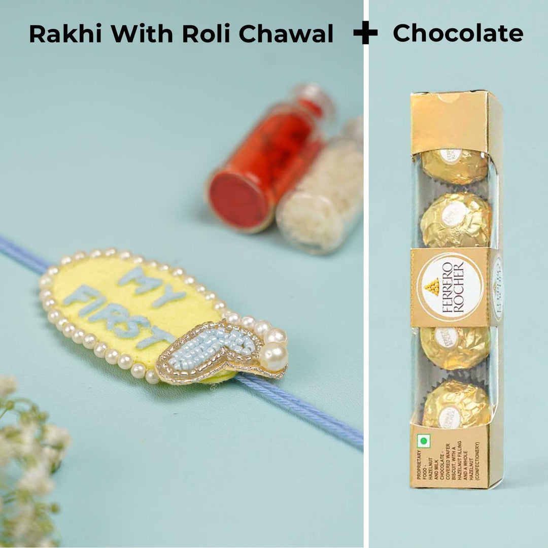 Customized Handmade Beaded My First Rakhi With Roli Chawal For Newborns