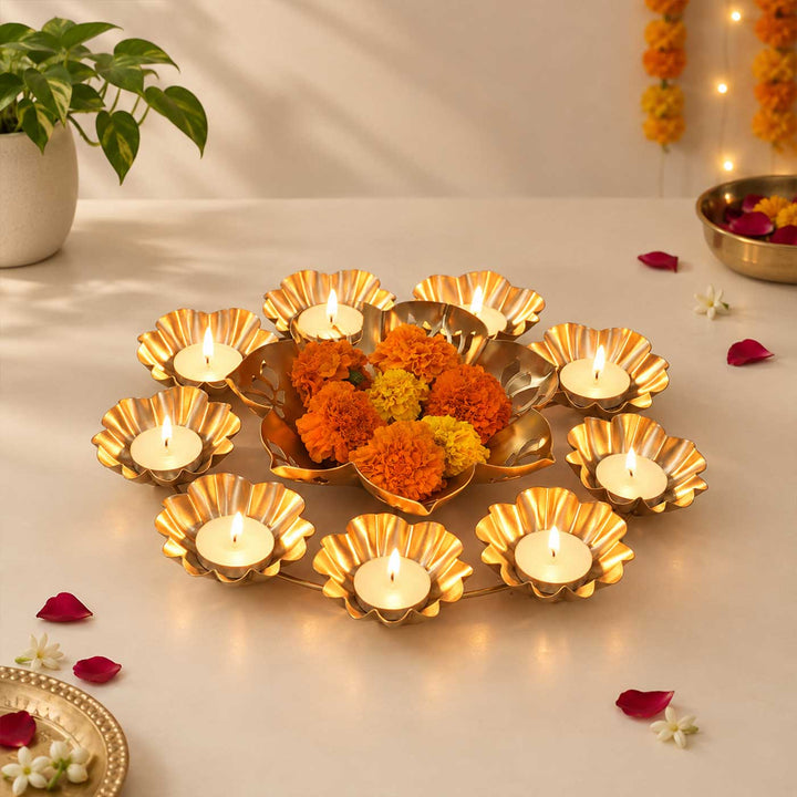 Handmade Etched Kamal Cut Flower Urli With 9 Tealight Holders Around For Festive Decor