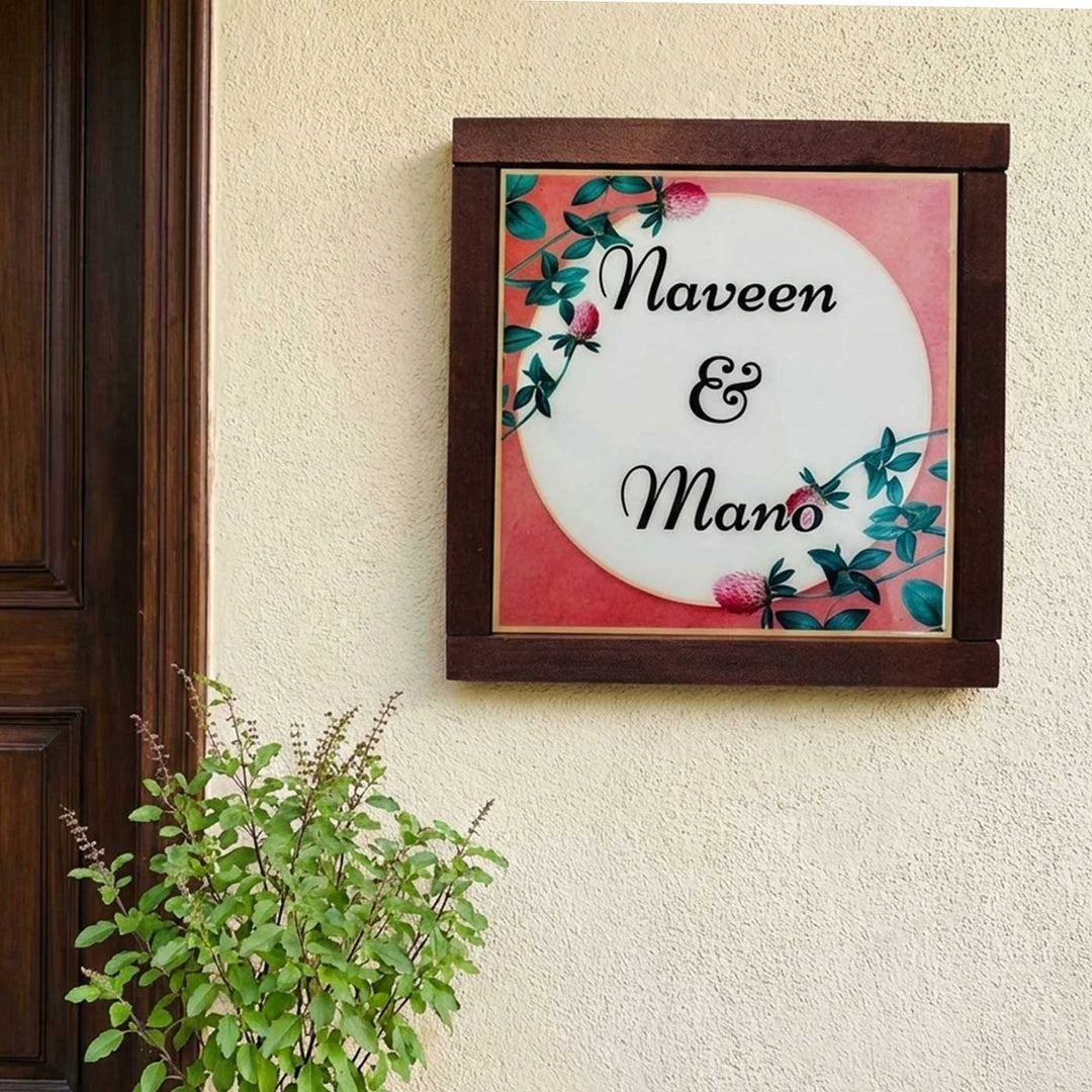 White & Peach Floral Personalized Printed Square Resin Name Plate