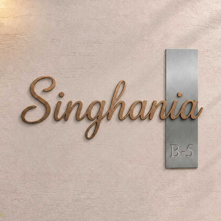 Personalized Gold 3D Metal Text Rubber Wood Name Plate With Silver Block Accent For Home