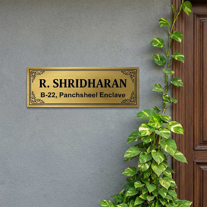 Elegant Engraved Personalized Golden Metal Name Plate | Rectangular, Outdoor, Weather Proof