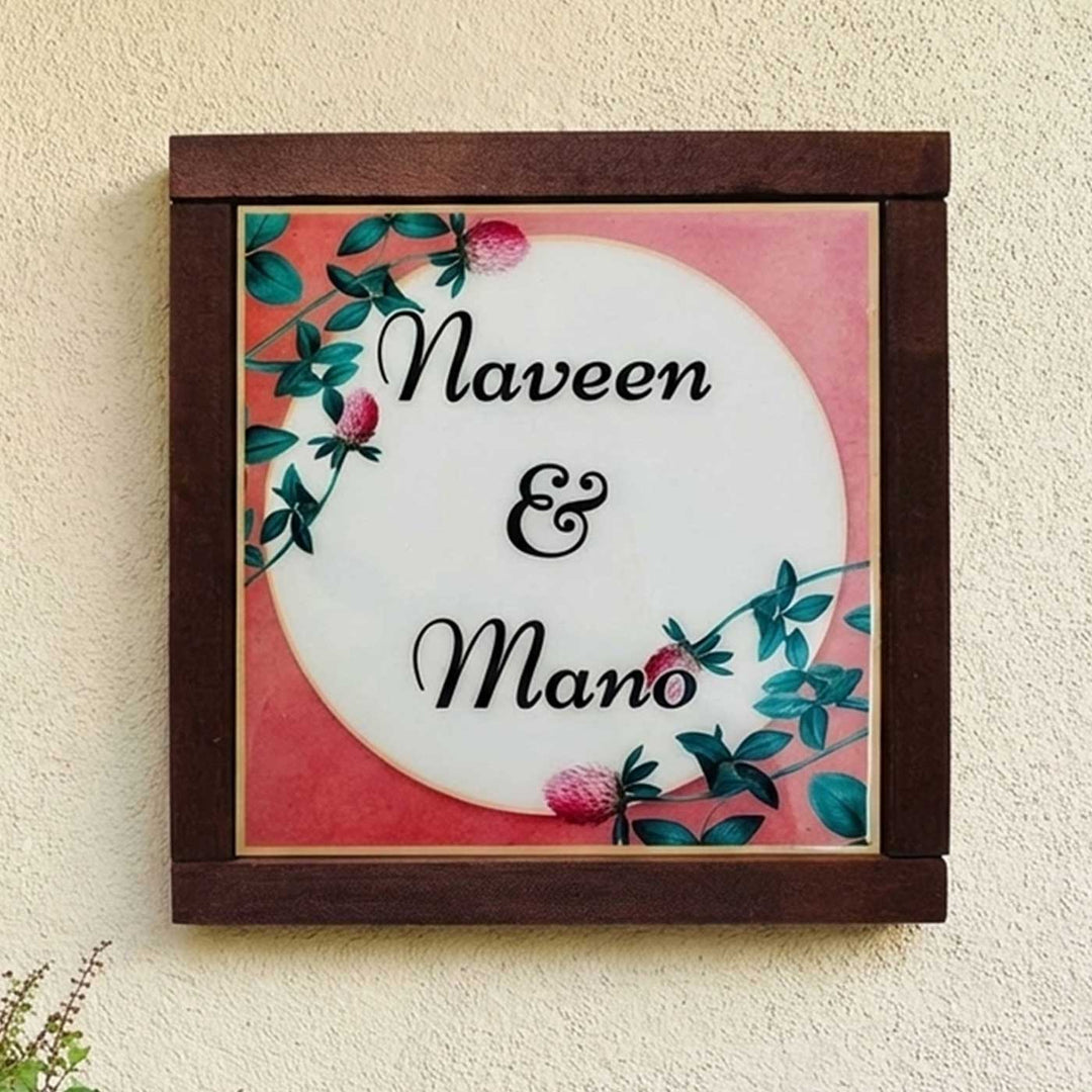 White & Peach Floral Personalized Printed Square Resin Name Plate