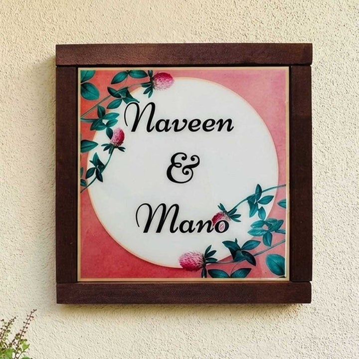 White & Peach Floral Personalized Printed Square Resin Name Plate
