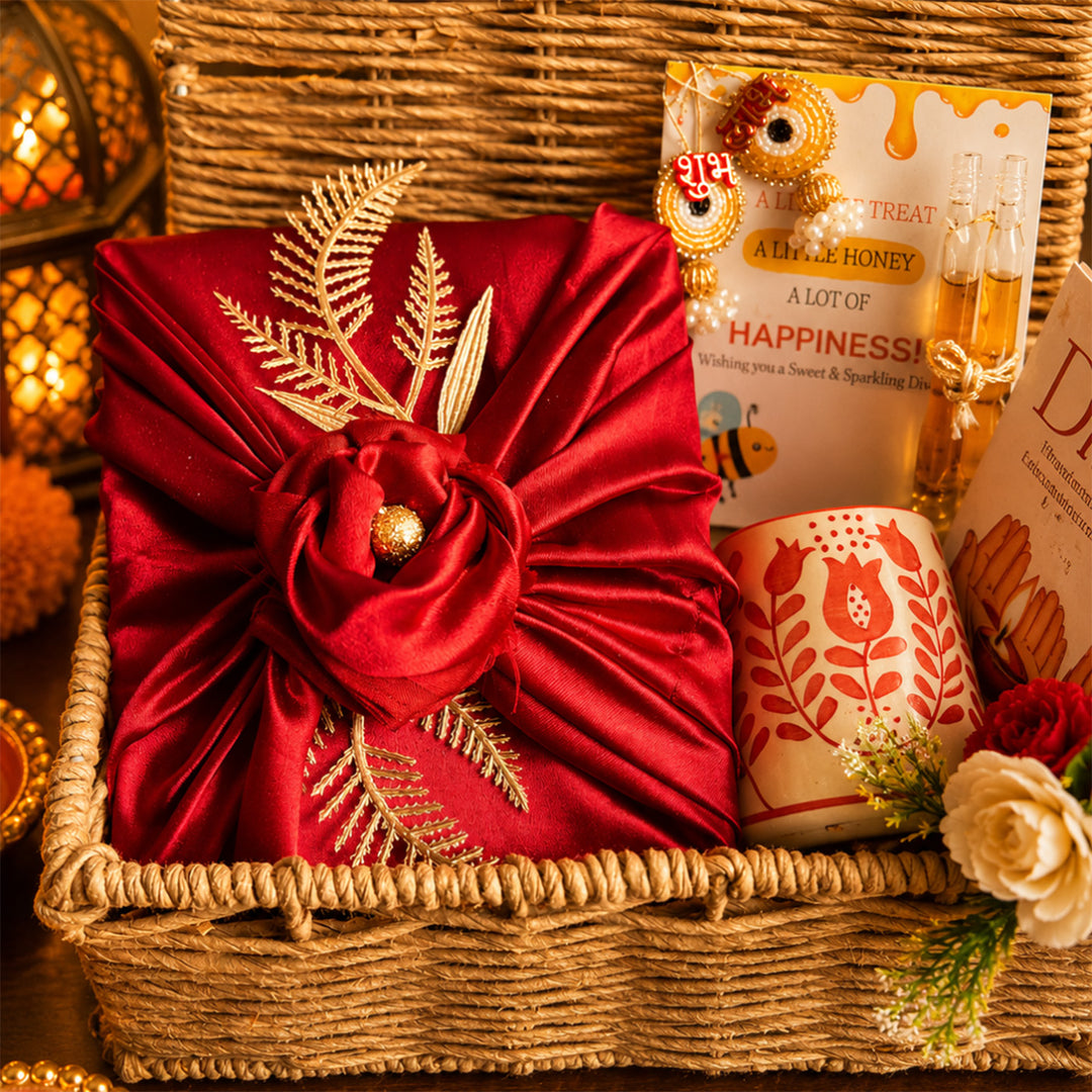 Rustic Ruby Red Jute Basket Diwali Gift Hamper With Red Mug And Shubh Labh Box For Festive Gifting