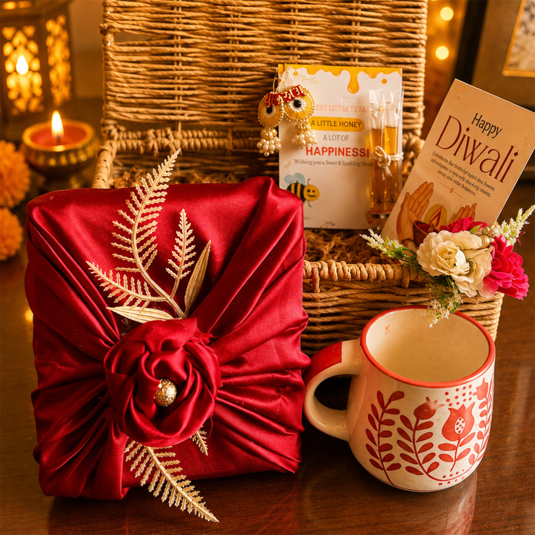 Rustic Ruby Red Jute Basket Diwali Gift Hamper With Red Mug And Shubh Labh Box For Festive Gifting