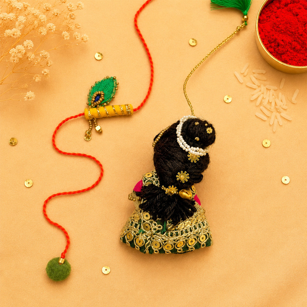 Hand Embroidered Radha Bansuri Rakhi Lumba Set For Bhaiya Bhabhi