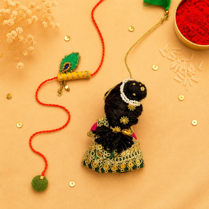 Hand Embroidered Radha Bansuri Rakhi Lumba Set For Bhaiya Bhabhi