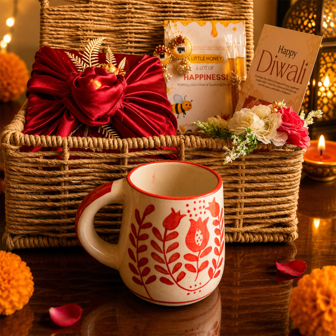 Rustic Ruby Red Jute Basket Diwali Gift Hamper With Red Mug And Shubh Labh Box For Festive Gifting