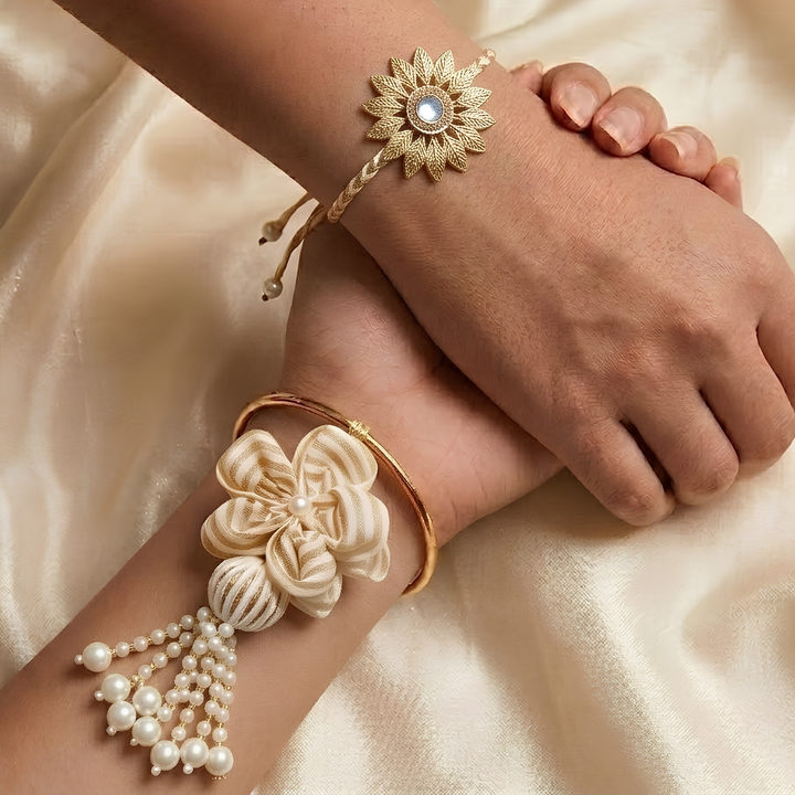 Handmade Beige Royale Couple Rakhi Lumba Set With Roli Chawal For Bhaiya Bhabhi