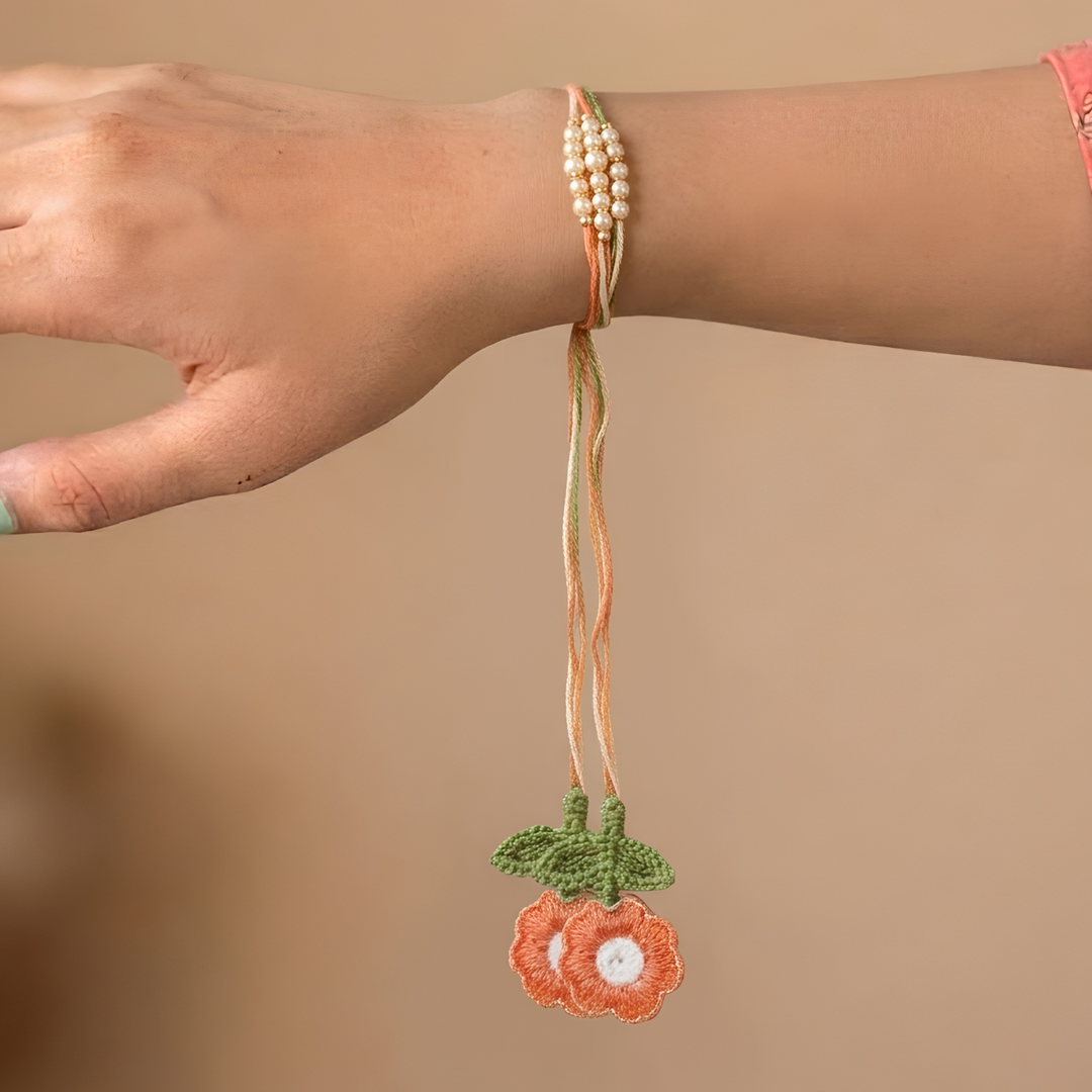 Handmade Threadwork Floral Latkan Rakhi With Roli Chawal For Kids/Bhabhi