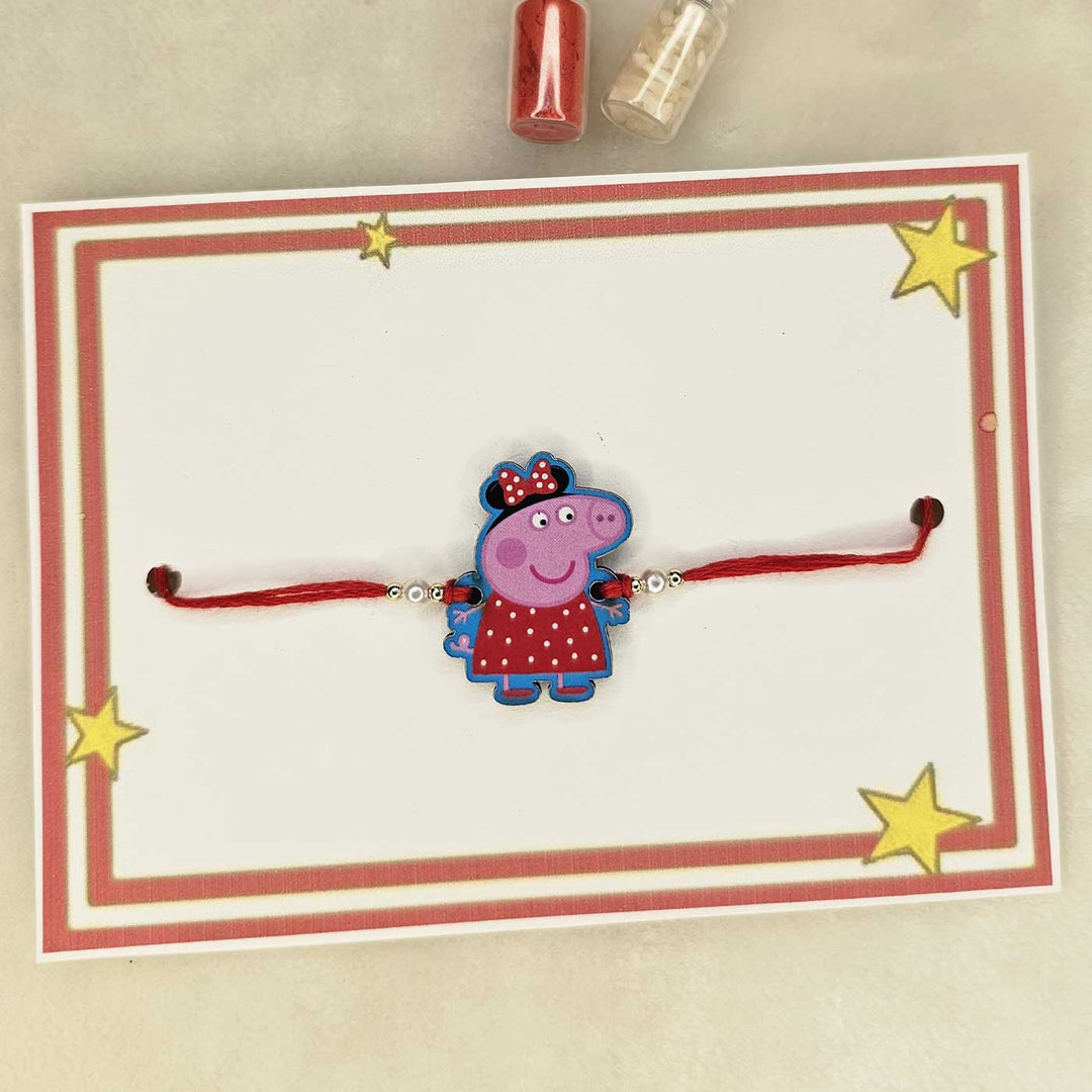 Handmade Peppa Pig Mdf Wood Kids Rakhi With Roli Chawal - Mounted on Gift Card with Bottles
