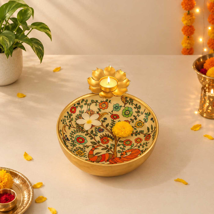 Handmade Meena Enamel Floral Urli With Flower Tealight Holder For Festive Decor