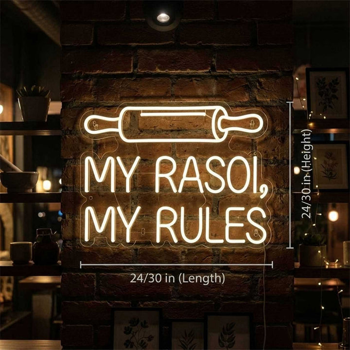 Personalized Handmade "My Rasoi My Rules" Neon Light Sign Board For Kitchen Wall Decor