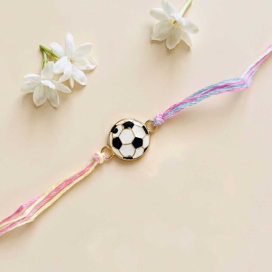 Engraved Little Football Champ Enamel Metal Charm Rakhi With Roli Chawal for Brother