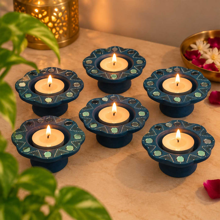 Set of 6 | Blue Hand-Painted Flower-Shaped Terracotta Diya Tealight Holders For Festive Decor