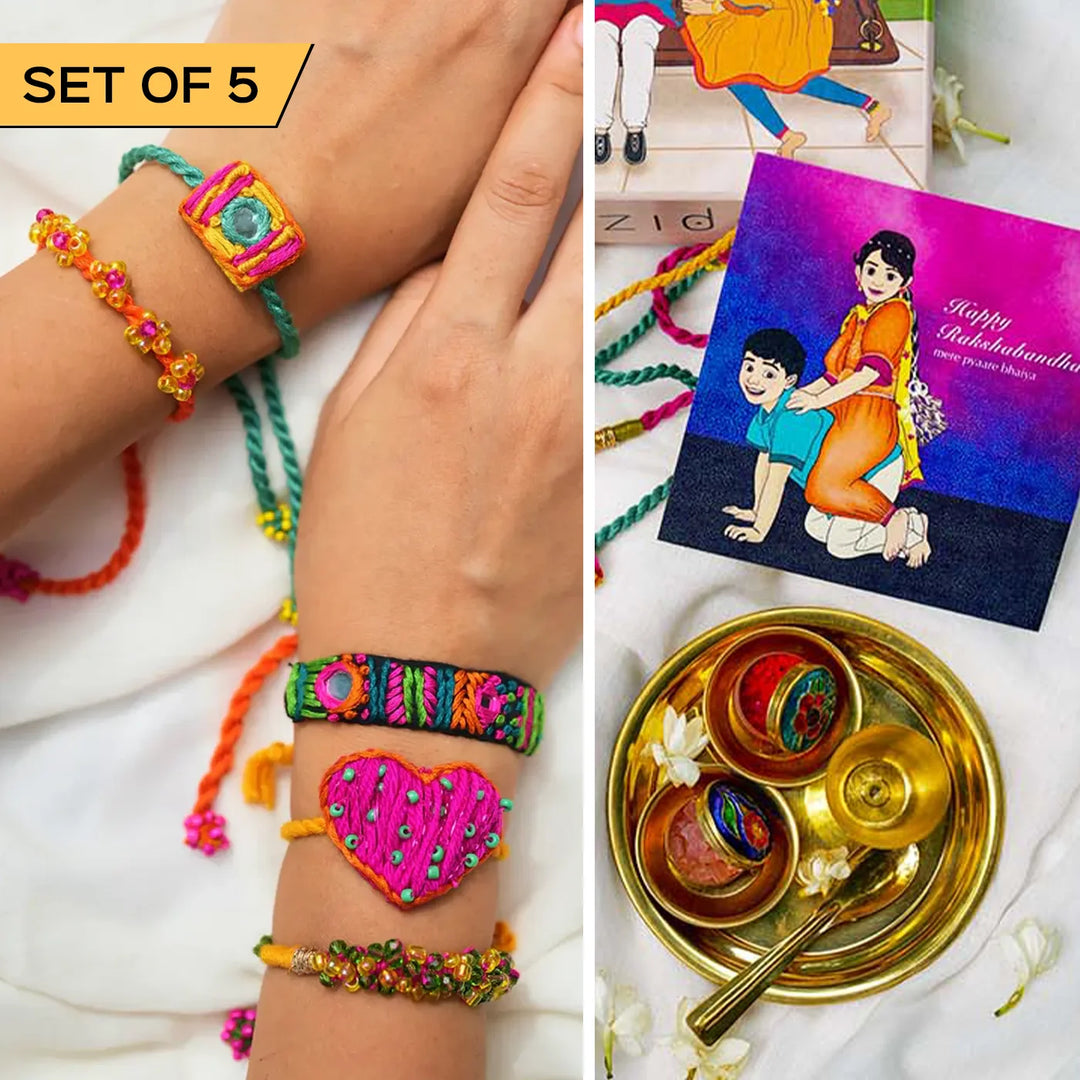 5 pc Rakhi + Brass Thali Set | Premium Pyar Embroidered & Beaded Rakhi Set with Roli Chawal