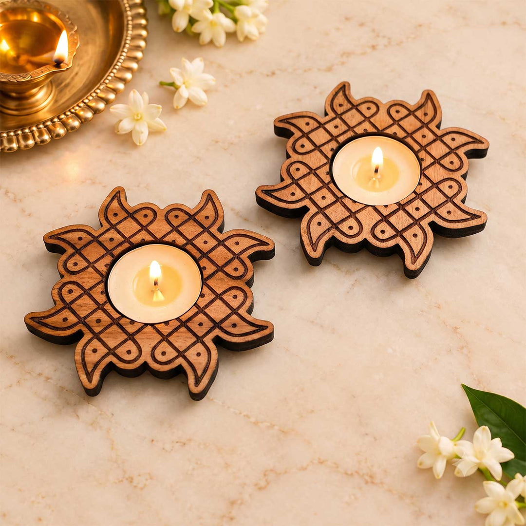 4 pc | Sunburst Hand-Engraved Mahogany Wood Kolam Tealight Holders