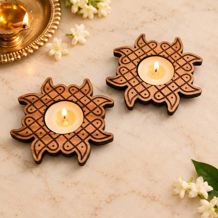 4 pc | Sunburst Hand-Engraved Mahogany Wood Kolam Tealight Holders