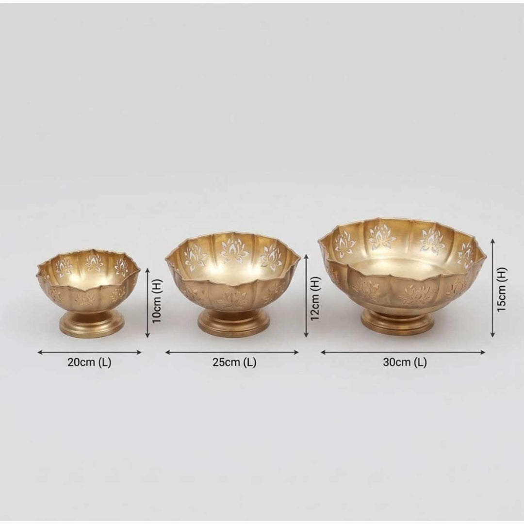 Set of 3 | Handmade Detachable Etched Lotus Cut Bowl Urli With Base For Festive Decor