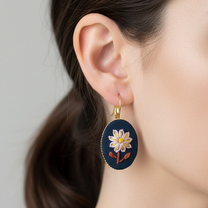 Hand Embroidered Twilight Bloom Golden Tone Earrings