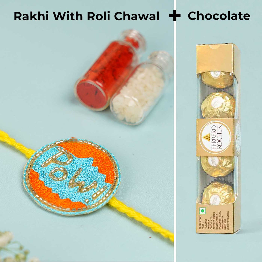 Handmade Beaded Pow Superhero Rakhi With Roli Chawal For Brother - Rakhi with Roli, Chawal, Chocolate