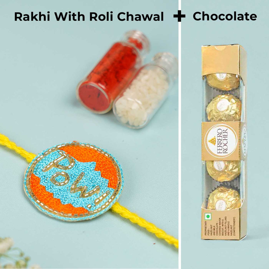 Handmade Beaded Pow Superhero Rakhi With Roli Chawal For Brother - Rakhi with Roli, Chawal, Chocolate