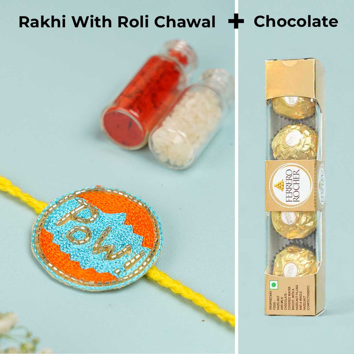 Handmade Beaded Pow Superhero Rakhi With Roli Chawal For Brother - Rakhi with Roli, Chawal, Chocolate