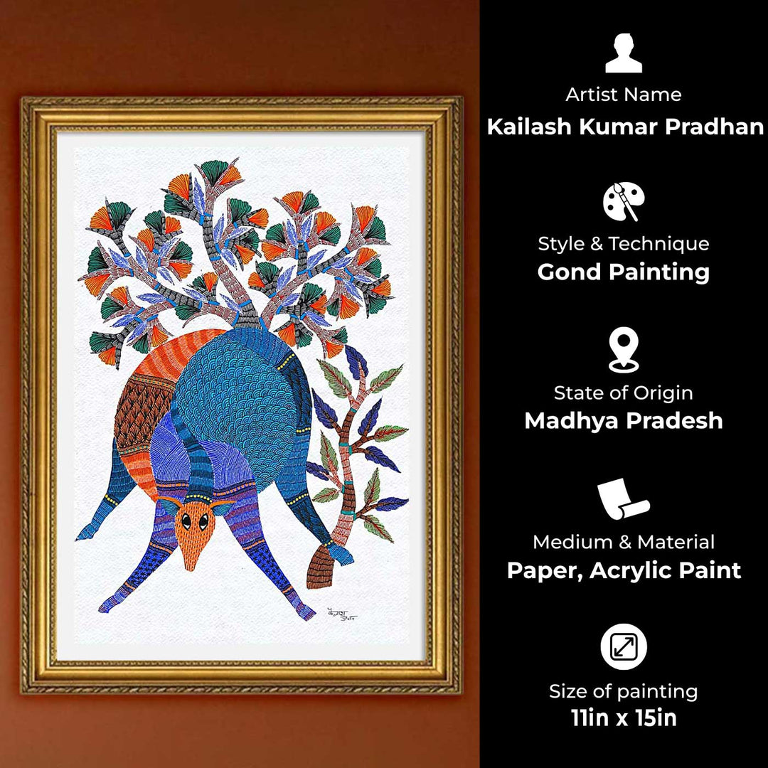 11 x 15 Inch | Tree & Deer | Original Hand painted Tribal Gond Art Painting | Acrylic Paints On Paper